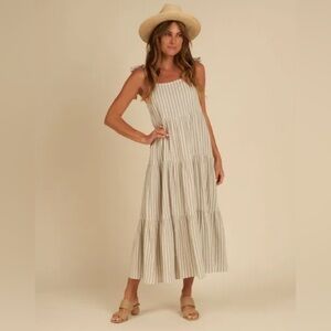DESIGN LAB Sz 3X Tiered Striped Cream Maxi Dress Lined Elasticated NO BELT NEW